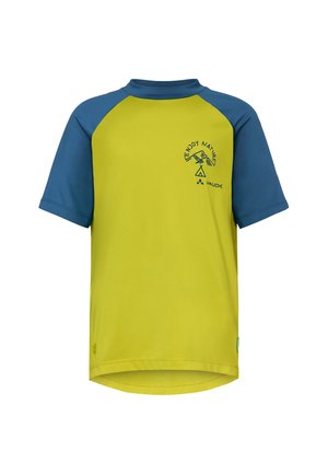 Short-sleeve outdoor shirt with olive green body, blue raglan sleeves, and "Enjoy Nature" text with mountain and tent graphic on front.