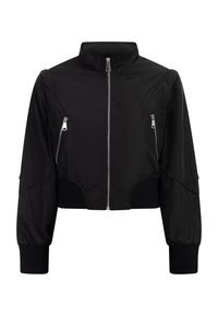 Giacca bomber nera cropped con colletto alto, chiusura con zip sul davanti, due tasche con zip e polsini a coste, realizzata in materiale leggero.