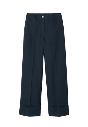 Pantalon large bleu marine avec ourlets retroussés, fermeture à boutons à l'avant, passants pour ceinture et plis marqués sur chaque jambe.
