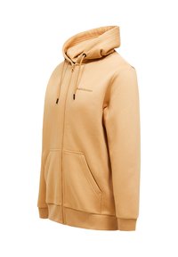Beige zip-up hoodie lavet af blødt stof, med hætte, frontlommer og justerbare snore med plastikspidser.
