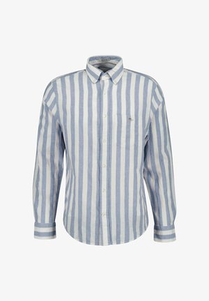 Long-sleeve button-up shirt in blue and white vertical stripes, featuring a collar, front pocket, and cuffs with contrasting stripes.
