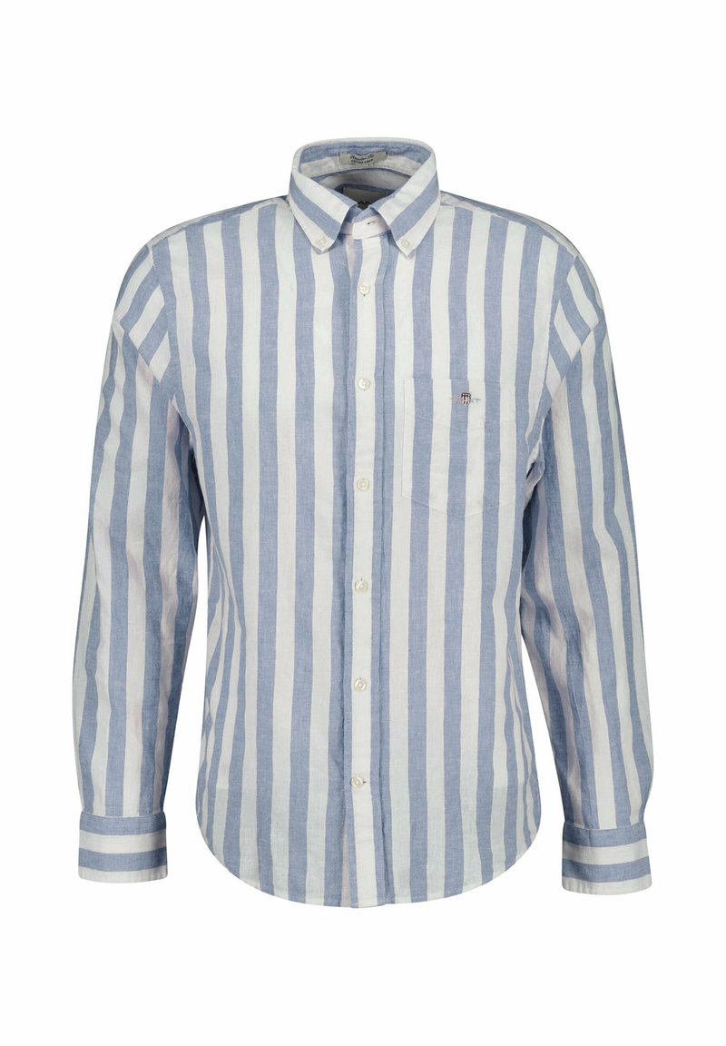 Camicia a maniche lunghe con bottoni, a righe verticali blu e bianche, con colletto, taschino frontale e polsini con righe a contrasto.