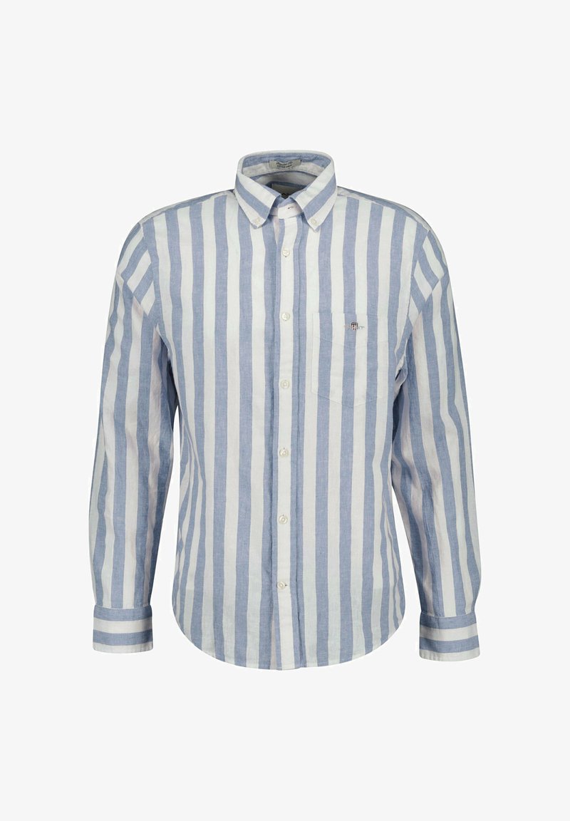 Camicia a maniche lunghe con bottoni, a righe verticali blu e bianche, con colletto, taschino frontale e polsini con righe a contrasto.