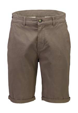 Bruine textuursjort voor mannen met lussen voor een riem, een knoop aan de voorkant, ritssluiting en opgerolde zomen.