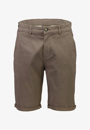 Pantaloncini da uomo marroni con trama, passanti per cintura, bottone frontale, chiusura lampo e risvolti arrotolati.
