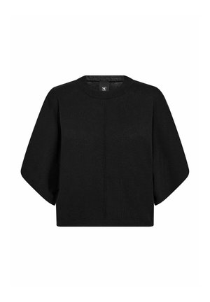 Top de punto negro con escote redondo, mangas cortas y un diseño corto que presenta un detalle de costura central. Textura suave.