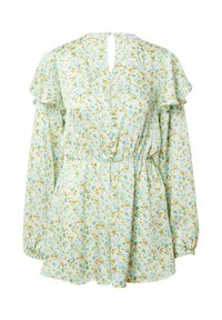 Florale jurk met een lichtgroene achtergrond, versierd met gele en blauwe bloemen, met ruches aan de mouwen, een V-halslijn en een elastische tailleband.