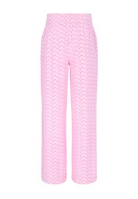 Pantaloni rosa a fantasia con un design ampio e corto e vita elastica. Il tessuto presenta una sottile texture geometrica su tutta la superficie.