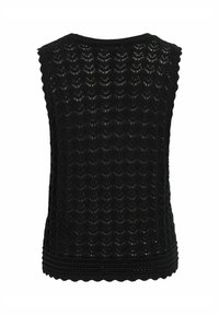 Top de tirantes negro de punto que presenta un patrón con picos, un cuello redondo y un dobladillo texturizado con detalles en canalé.