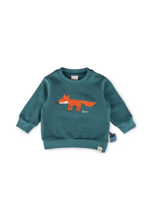 Türkisfarbenes Baby-Sweatshirt mit langen Ärmeln, mit einer orangefarbenen Fuchs-Applikation vorne und Druckknöpfen an der Schulter.