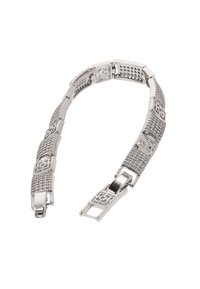 Ezüst színű fém karkötő, amely texturált láncszemekkel, geometrikus díszítésekkel és fényes felületű, biztonságos csattal rendelkezik.