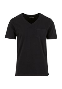 Maglietta nera in cotone con scollatura a V, maniche corte e taschino sul lato sinistro del petto. Texture liscia, vestibilità standard e design semplice.