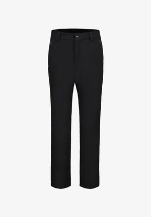 Black pants made from a smooth, lightweight fabric. Feature zippered pockets and a standard waist with a button closure. Straight-leg design.