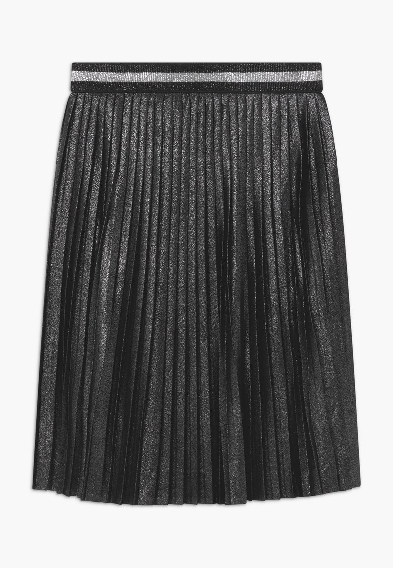 Jupe plissée métallique noire avec une ceinture élastique présentant des rayures horizontales noires, blanches et grises.
