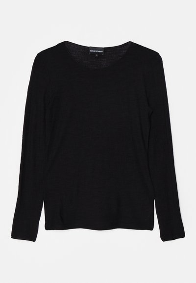 Schwarzes Langarmshirt aus einem strukturierten Stoff mit rundem Ausschnitt. Das Design weist einen lockeren Schnitt und einen geraden Saum auf.