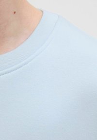Felpa azzurrina con collo rotondo a coste, tessuto liscio e colore uniforme. Vista ravvicinata del collo.
