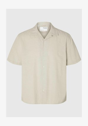 Chemise en lin beige clair à manches courtes avec un col notch, patte de boutonnage à l'avant et coupe décontractée. Texture lisse, design minimaliste.