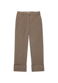 Pantalon à carreaux marron et beige avec une coupe droite, doté d'un revers plissé et d'une ceinture plate. Confectionné dans un tissu texturé.
