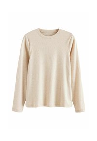 T-shirt a maniche lunghe color beige chiaro con colletto a girocollo, morbido al tatto e dal fit rilassato, con leggera costina su tutto il tessuto.