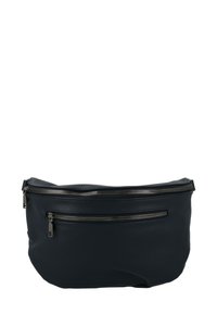 Borsa in pelle blu navy a vita con due scomparti con cerniere argentate, superficie testurizzata e spallaccio regolabile.