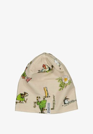 Pipo-hattu, joka on valmistettu pehmeästä kankaasta beigen värissä, jossa on värikkäitä sarjakuvamaailman eläin kuvastoja ja kukkakuvioita; mukana merkki alareunassa.