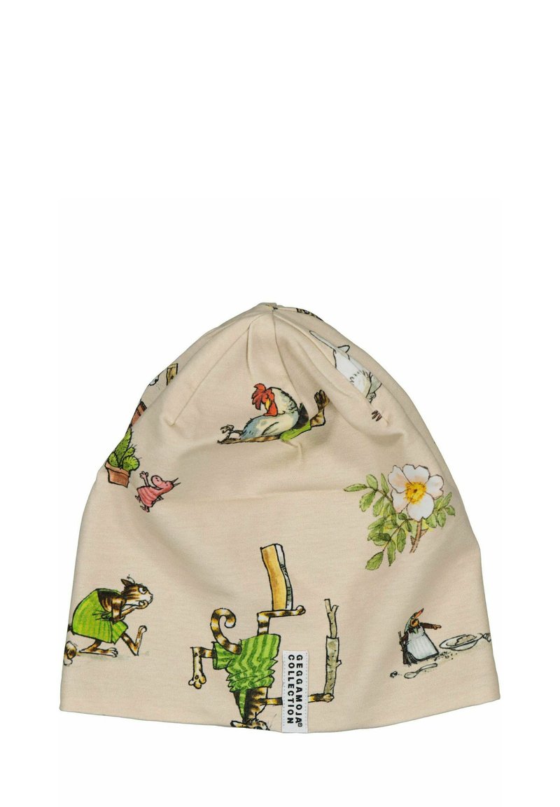 Pipo-hattu, joka on valmistettu pehmeästä kankaasta beigen värissä, jossa on värikkäitä sarjakuvamaailman eläin kuvastoja ja kukkakuvioita; mukana merkki alareunassa.