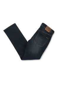 Mørkeblå denimjeans med rett ben-design, som har en lærlapp på bakre livlinje, og baklommer med en subtil logo.
