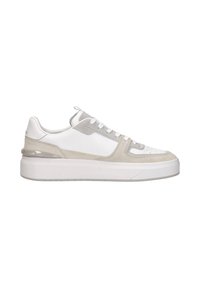Low-top sneaker with white leather and light gray suede panels, white laces, and thick white rubber sole, side view on plain background.