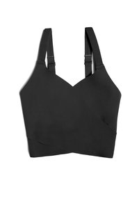 Zwarte sportbeha met verstelbare bandjes, voorzien van een slank, kruislings ontwerp, zachte stof en naadloze constructie voor comfort.