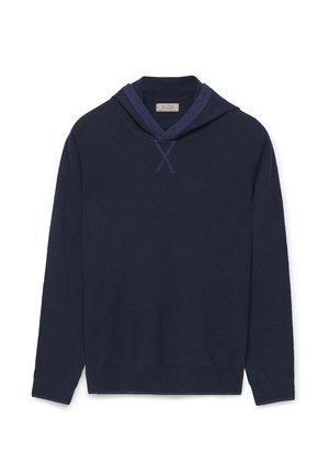 Marineblaues Hoodie aus weichem Stoff, mit einem kontrastierenden dunkelblauen Saum am Hals und einem vorderen Kreuzstich-Detail.