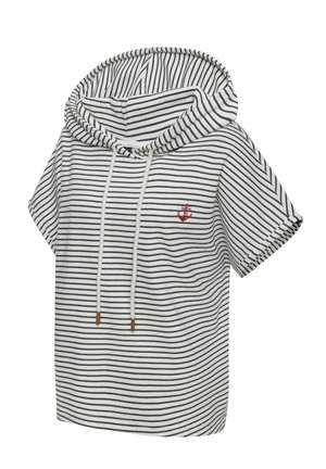 Gestreiftes Kapuzen-Sweatshirt mit kurzen Ärmeln in Weiß und Navy, ausgestattet mit verstellbarem Kordelzug, Fronttasche und rotem Anker-Stickdetail.