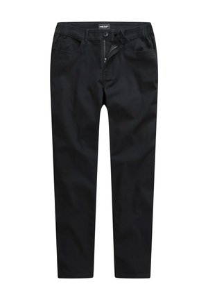 Schwarze Herrenpants aus glattem Stoff mit Reißverschluss, Knopfverschluss und Gürtelschlaufen; verfügt über seitliche und hintere Taschen.