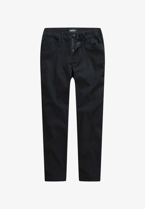 Zwarte mannenbroeken van soepel materiaal met een ritsgulp, knoopsluiting en ceintuurlussen; voorzien van zij- en achterzakken.