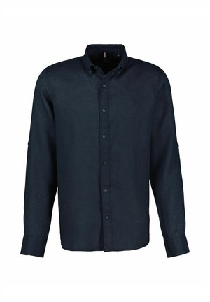 Langarmhemd aus dunkelblauem Leinen mit einem Button-Down-Kragen, Frontknöpfen und Manschetten mit einem Rollo-Tab-Detail.
