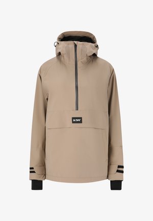 Beige wasserdichte Jacke mit Pullover-Design, verfügt über einen Reißverschluss, eine große Vordertasche und schwarze Rippbündchen mit doppelten Streifenakzenten.