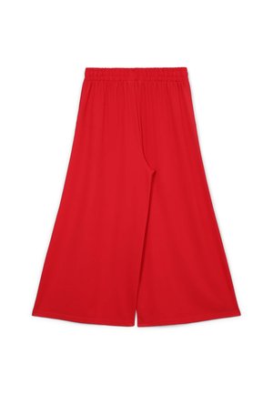 Pantalon rouge à jambes larges avec une taille élastique ; tissu lisse ; pas de poches ni de fermetures visibles ; couleur unie et design sans coutures.