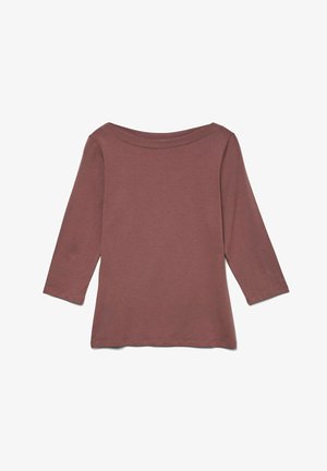 Top de manga larga burdeos con escote off-shoulder, material de algodón suave, textura acanalada y corte holgado. Diseño simple y sin adornos.
