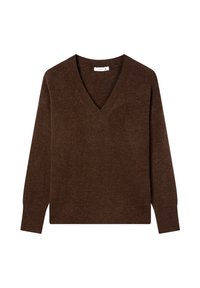 Brązowy sweter z dekoltem w serek, z długimi rękawami, wykonany z miękkiego materiału. Prosty design z luźnym krojem i minimalnymi detalami.