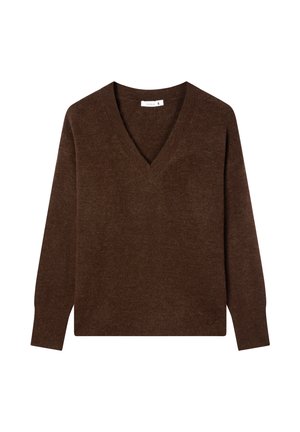 Maglione marrone a scollo a V con maniche lunghe, realizzato in materiale morbido. Design semplice con una vestibilità rilassata e dettagli minimi.