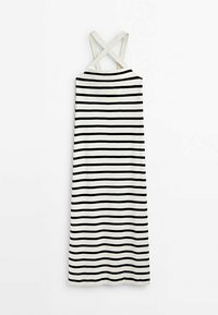 Robe rayée avec des rayures horizontales noires et blanches, fabriquée en tissu doux et léger. Caractérisée par des bretelles croisées dans le dos.