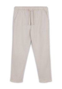 Helle beige, taillierte Hose aus weichigem Stoff, mit einem elastischen Bund und Kordelzug sowie zwei seitlichen Taschen für zusätzlichen Komfort.