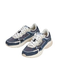 Navy and gray sneaker featuring a mix of suede and mesh, white laces, rubber outsole, and logo accent on the side. Rounded toe design.