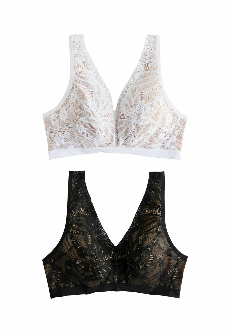 Două sutiene: unul alb cu dantelă florală peste o bază solidă, celălalt negru cu dantelă similară. Ambele au un decolteu adânc în V și bretele late.