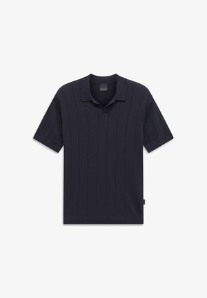 Polo blu navy a maniche corte con texture a coste verticali e colletto piegato, mostrata su sfondo bianco.