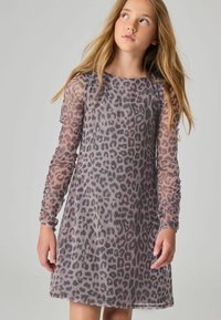Šaty s leopardím vzorem a dlouhými, nabíranými průhlednými rukávy. Tkanina je lehká, se šedými odstíny a jemnými růžovými podtóny.
