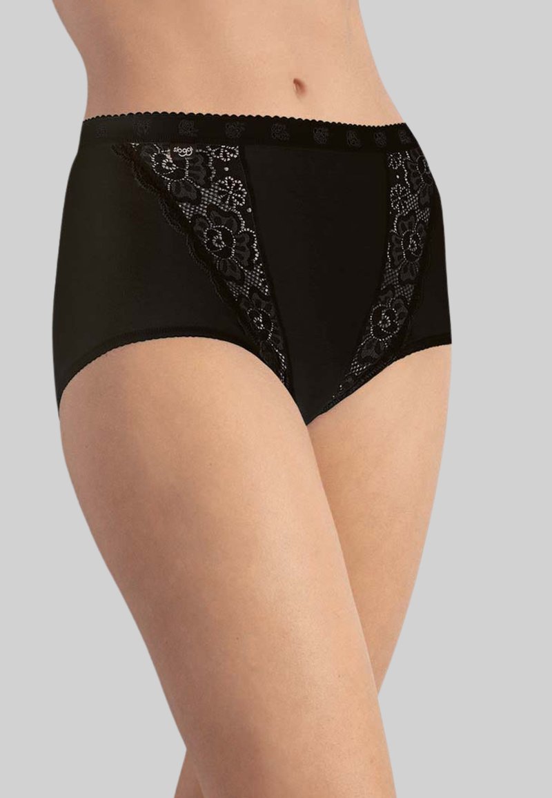 Mutande nere a vita alta realizzate in tessuto morbido, con dettagli in pizzo floreale sui lati e una cintura ondulata.