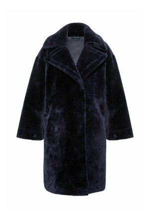 Navy blue faux fur coat with a notched collar, oversized silhouette, and side pockets. Textured surface with a soft, plush finish.