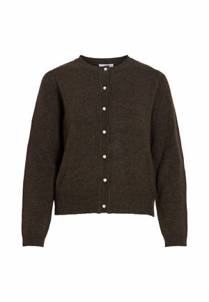 Tumši brūns tamborēts kardigans ar apaļu kakla izgriezumu, priekšpusē aizdares ar pērlītēm līdzīgiem pogām, kā arī ribota aproce un apakša.