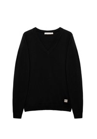 Pull noir à manches longues et col en V avec poignets et ourlet côtelés, avec un petit patch logo Polo Club rectangulaire près de l'ourlet inférieur.
