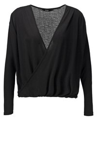Černý dlouhý rukáv top s hlubokým výstřihem do V a zavinovacími detaily. Obsahuje nařasený spodní lem a měkkou tkaninu pro pohodlné nošení.